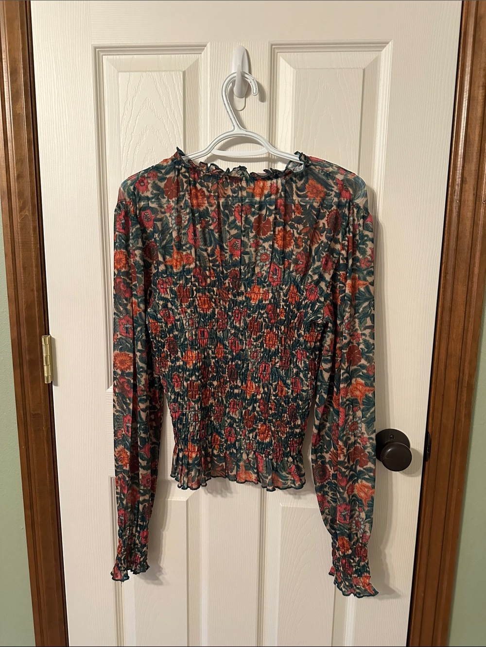 NATURAL LIFE Floral Smocked Peasant Blouse - Teal & Rust - Picture 2 of 2